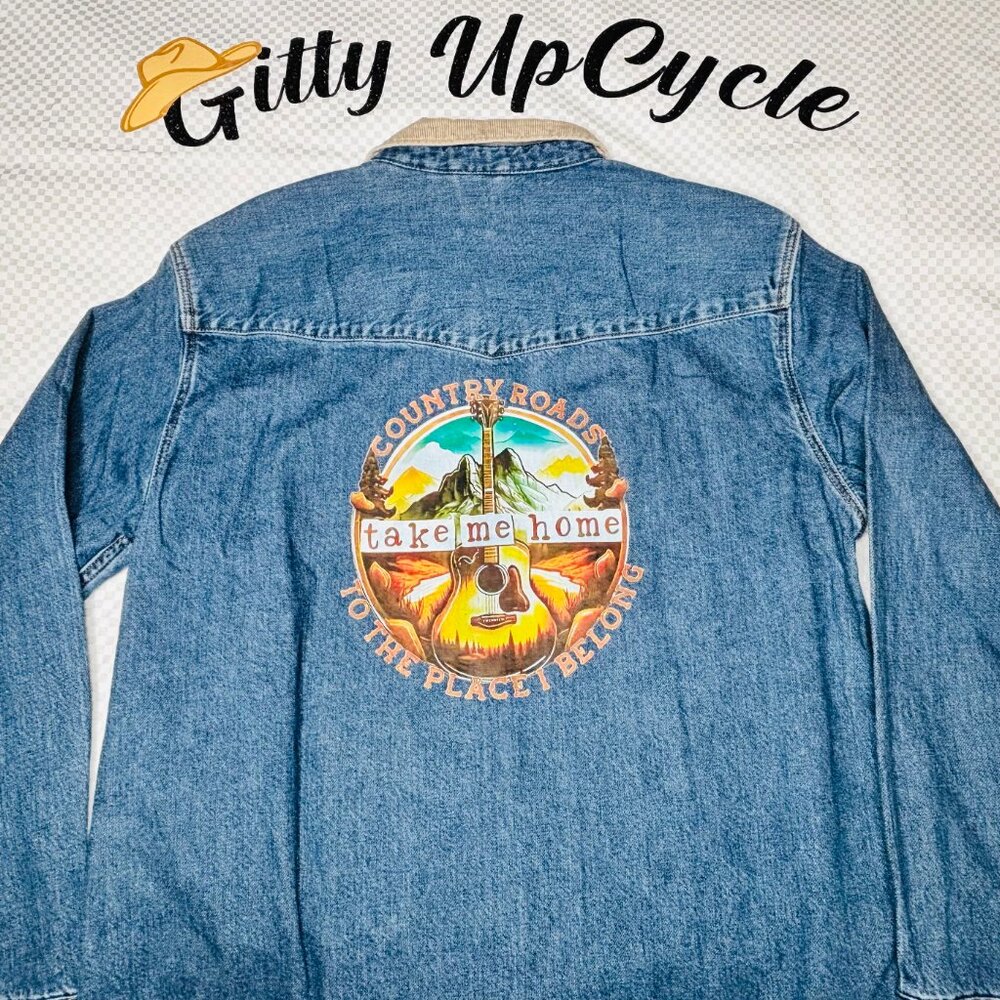 NWT Upcycled Levi's jean shirt with tan corduroy collar & western appliques "M"